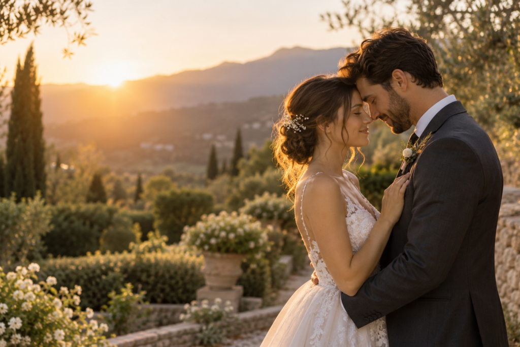 Pareja de boda al atardecer. Fotografía de muestra.